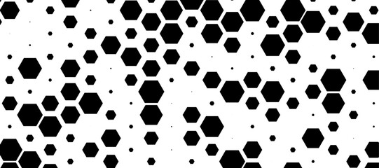 Black hexagon pattern on a clean white background, modern and minimalistic design. Geometric layout with evenly spaced hexagons, subtle shadows for depth, high-resolution vector style.