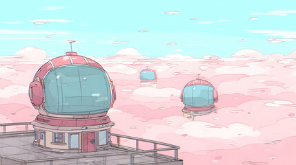 pet world with AI caretakers floating in pastel clouds