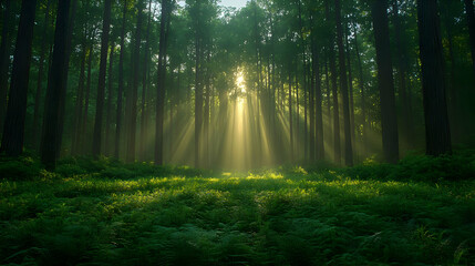 Sunbeams Illuminating a Lush Green Forest at Dawn