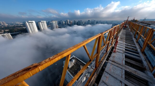 Construction scaffolding on high-rise building overlooking city skyline with clouds and fog below