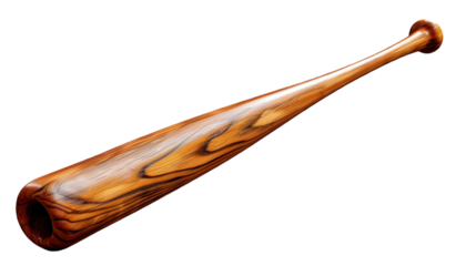 A single wooden baseball bat with a brown handle and wood grain pattern on a  transparent background image 