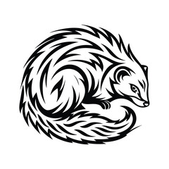 Curled Weasel Animal Silhouette Tribal Style, Wildlife, Black & White Isolated