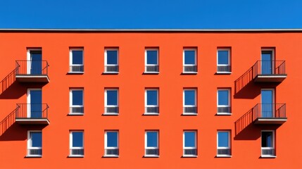 Obraz premium Modern Orange Apartment Building Facade with Balconies under Blue Sky