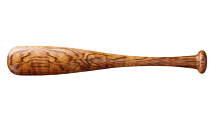 A wooden baseball bat with a natural grain pattern lying horizontally on a  transparent background isolated 