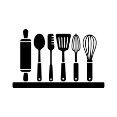 Kitchen Utensils Silhouettes: A black and white graphic design of an array of essential kitchen tools, neatly arranged and ready for culinary adventures. A visual guide for any chef or home cook
