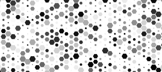 Black hexagon pattern on a clean white background, modern and minimalistic design. Geometric layout with evenly spaced hexagons, subtle shadows for depth, high-resolution vector style.