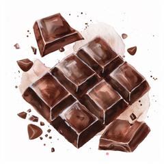 Pieces of dark chocolate bar watercolor. Dessert. Hand drawn watercolor food illustrations. Perfect for gourmet food marketing, dessert menu, pastries. Illustration for culinary website, books