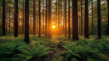 Obraz premium Sunset in a Lush Coniferous Forest