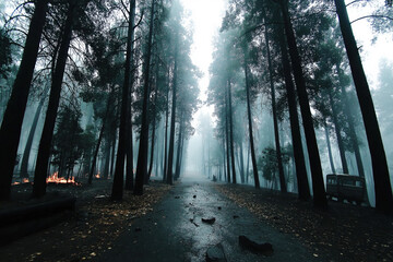 Fototapeta premium Burnt forest with blackened tree trunks and ash-covered ground, eerie atmosphere after a fire. Forest fire aftermath, emergency, damage. disaster