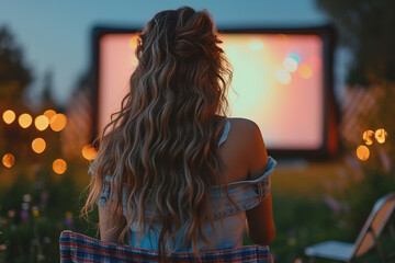 Enjoy the delightful evening under stars at outdoor cinema, where you can relax and unwind while watching your favorite movies on big screen, surrounded by beauty of nature Plus, with copy space avail