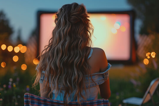 Enjoy the delightful evening under stars at outdoor cinema, where you can relax and unwind while watching your favorite movies on big screen, surrounded by beauty of nature Plus, with copy space avail