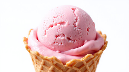 Strawberry ice cream in waffle cone, Rich creamy texture and soft pink hue, Summery treat with realistic details, Isolated on a transparent background