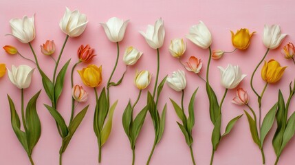 A row of pink and white tulips with green leaves against a solid pink background.