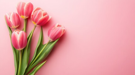 A row of pink and white tulips with green leaves against a solid pink background.