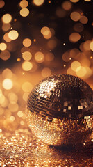 Gold disco ball on glitter surface, bokeh background, showcasing festive celebration, nightlife, or party theme