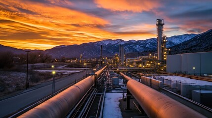 Fototapeta premium Majestic Sunset over Industrial Complex Nestled in the Mountains