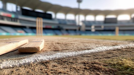 Cricket Pitch Close Up Bails Wicket and Stadium