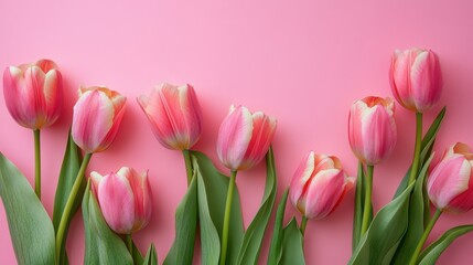 Fototapeta premium A row of pink and white tulips with green leaves against a solid pink background.