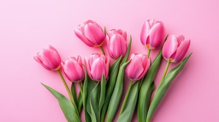 Obraz premium A row of pink and white tulips with green leaves against a solid pink background.
