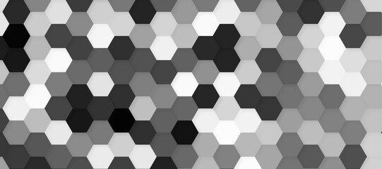 Black hexagon pattern on a clean white background, modern and minimalistic design. Geometric layout with evenly spaced hexagons, subtle shadows for depth, high-resolution vector style.