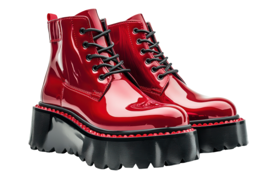 Red patent leather platform boots stylish lace up design chunky black sole bold statement footwear