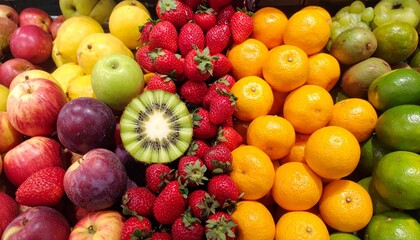 A vibrant explosion of chopped fruit slices flying outward against a colorful background, showcasing a dynamic burst of juicy flavors and textures in a high-energy, close-up visual scene
