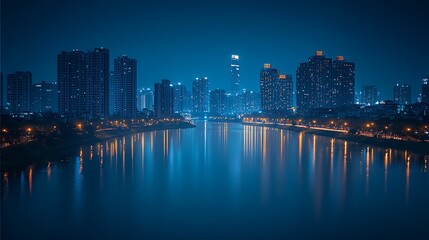 Obraz premium Night cityscape reflected in calm water