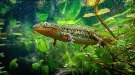 Fototapeta premium Submerged Aquatic Salamander, Vibrant Green Algae Habitat