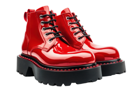 Shiny Red Patent Leather Boots Bold edgy chunky platform style with black laces and textured sole