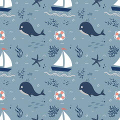 Children's marine pattern with starfish, ships and whales in blue tones. Ideal for children's textiles, wallpaper and accessories. High quality, easy to print and adapt.
