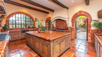 Elegant kitchen interior with terracotta tiles and arches