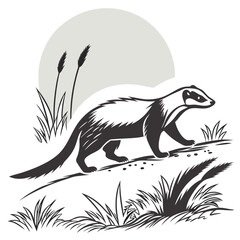 Bold Badger Silhouette Walking among Plants with Moon in Minimalist Style Black and White