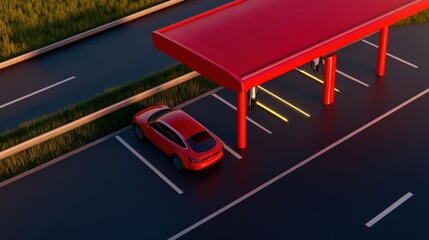 Red Electric Car Charging at Modern Charging Station