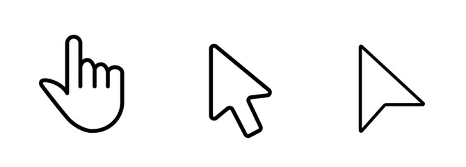 Cursor icon. Vector arrow pointer. Computer mouse click sign. Isolated web cursor set. Hand with finger on white background.
