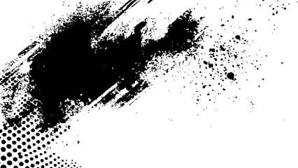 Vector new style halftone dots modern grunge texture. Black Ink splatter brush stroke on black halftone dots abstract white background	