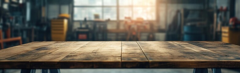 Wooden table with copy space on a blurred background of a working place in a garage,