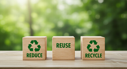 Three wooden blocks displaying reduce reuse and recycle on a wooden surface with green background