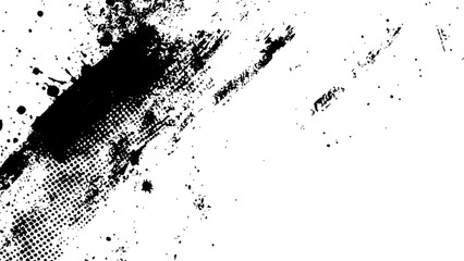 Vector new style halftone dots modern grunge texture. Black Ink splatter brush stroke on black halftone dots abstract white background	