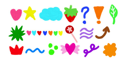 set of colorful hand drawn chalk brush shaped elements vector, crayon doodle art texture