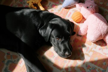 Black Labrador Lying in Sunlight on Rug with Plush Toy Nearby