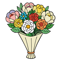 Colorful Bouquet with Roses and Leaves, Illustration, White Background, Outline Drawing