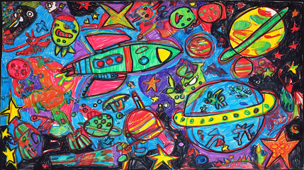 Obraz premium Colorful Children's Space-Themed Drawing with Rockets and Planets 