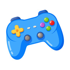 Vector - styled cute icon of a blue cartoon game controller with colorful buttons, perfect for gaming, children's, playful projects.