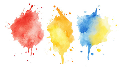 Set of watercolor circles brash multicolored. watercolor on white transparent background. Three watercolor spots with colorful drops and spray on a white background for artistic design projects
