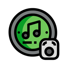 Vector - based fun - styled icon of a green circle with a black musical note and a small camera, suitable for music - photography, creative, or multimedia - themed projects.