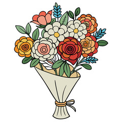 Colorful Bouquet Roses, Daisies, Leaves with Ribbon on White Background