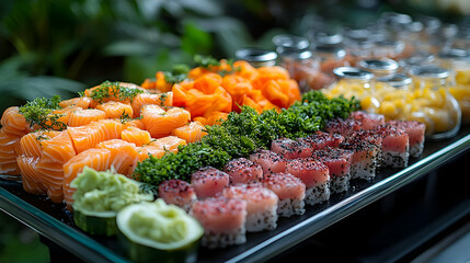 Assorted Sushi and Sashimi Platter with Colorful Seafood and Avocado