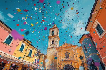 Wide shot of colorful confetti falling from the sky, a small town square with a church tower