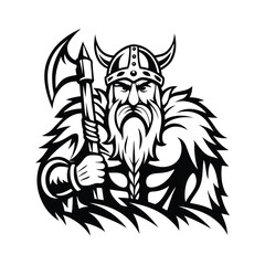 Fierce Viking Warrior Silhouette With Axe & Horned Helmet in Black and White Style