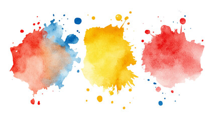 Set of watercolor circles brash multicolored. watercolor on white transparent background. Three watercolor spots with colorful drops and spray on a white background for artistic design projects
